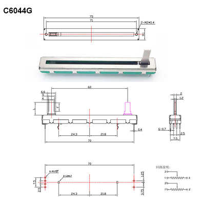 C6044G Potensiometer Ganda Karbon Film Potensiometer Geser 60mm Perjalanan 5K 10K Potensiometer Stereo Linier